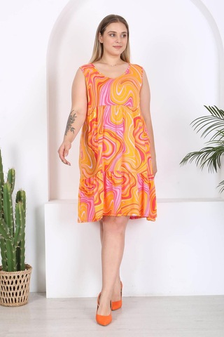 Kadın Turuncu Pembe Ebru Desen Büyük Beden Katlı Elbise Turuncu