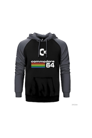 Commodore 64 Vintage Logo Gri Reglan Kol Kapşonlu Sweatshirt Gri