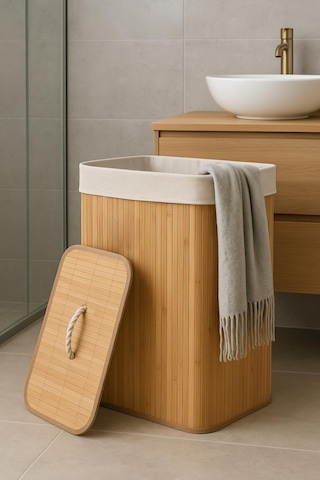 Dekorasyaa Bambu Katlanabilir Kirli Çamaşır Sepeti Dikdörtgen - 40x30x60cm Bambu