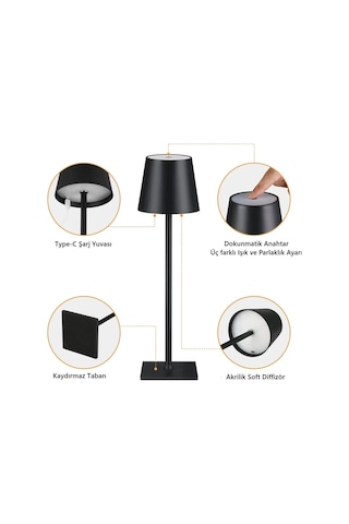 Şarjlı Masa Lambası Dimmerli Dekoratif Abajur Cata İstanbul Siyah Dokunmatik Yemek Masası Lambası