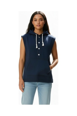 Lyvean Kapşonlu Kolsuz Düğmeli Üç İplik Penye Sweatshirt Lacivert