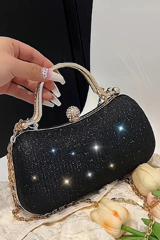 Guiza Kadın Ithal Simli Kumaş Abiye Çanta Zirkon Taşlı , Şık Ve Zarif Çantadır , Zincir Ve Kolçaklı Model. Siyah Gold