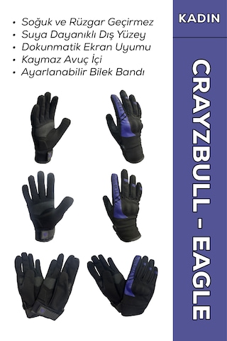 Crayzbull Eagle Mor Su Ve Rüzgar Geçirmez Kışlık Kadın Motosiklet Eldiveni + Buff li