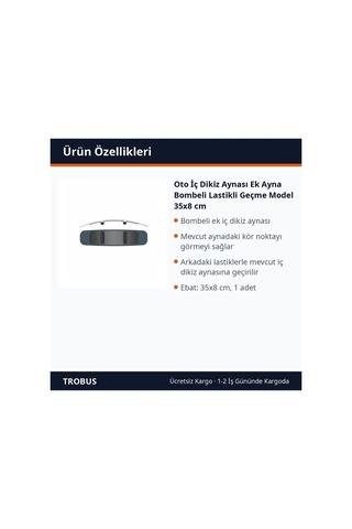 Trobus Oto İç Dikiz Aynası Ek Ayna Bombeli Lastikli Geçme Model 35x8 Cm