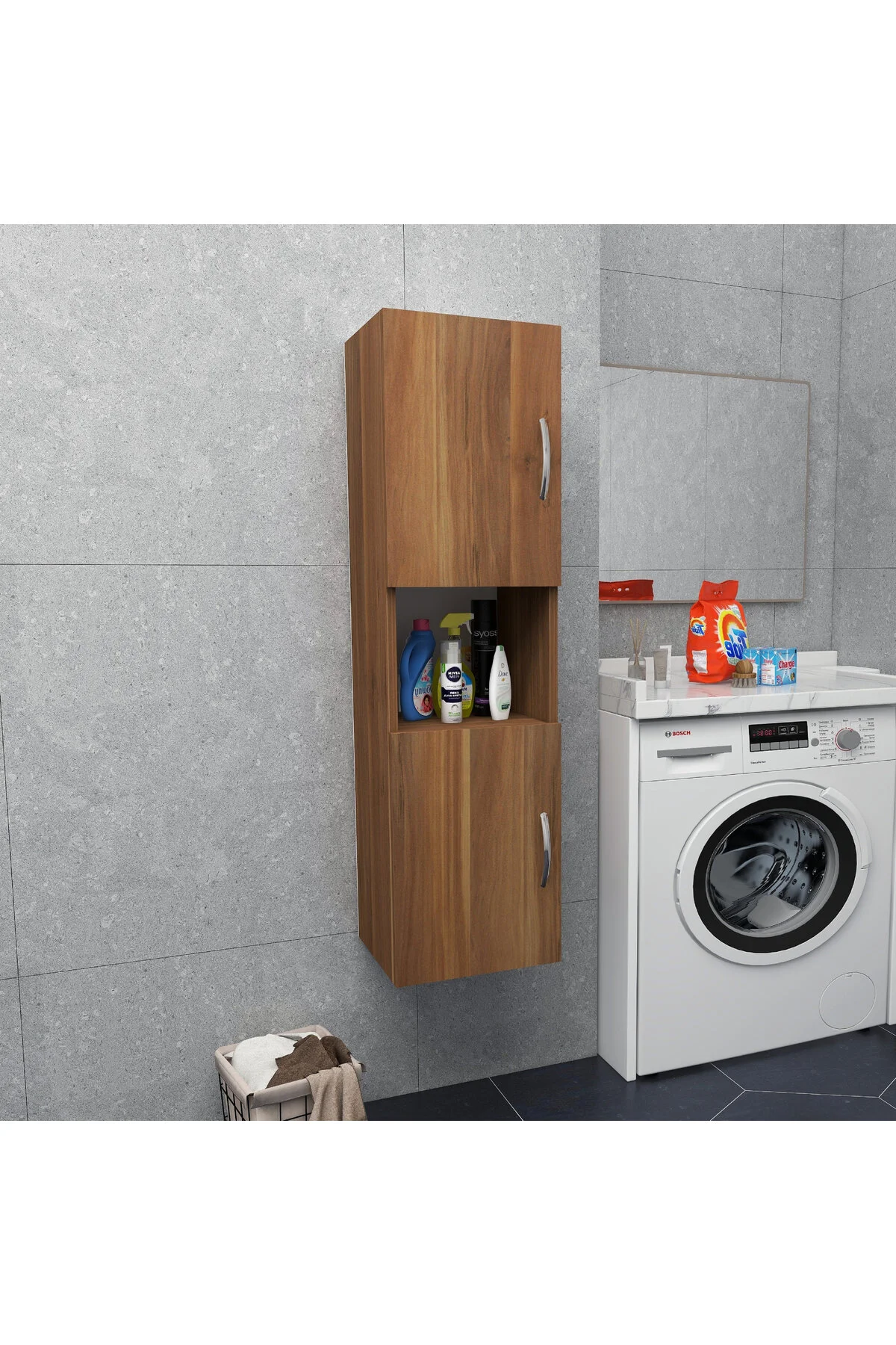 Irmak Mobilya 2 Kapaklı Bölmeli Banyo Asma Boy Dolabı Çok Amaçlı Duvara Monteli Dolap Ceviz