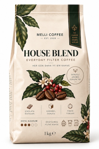 Melli Coffee House Blend Filtre Kahve 1 Kg Orta Kavrum Çikolata, Karamel & Fındık Tonları Çekirdek