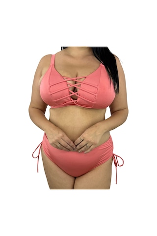 Büyük Beden Bağcıklı Göğüs Dekolteli Ayarlanabilir Askılı Yüksek Bel Yan Büzgülü Kadın Bikini Takım Mercan