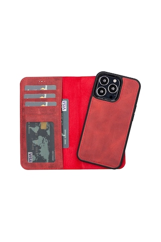 Apple İphone 13 Pro Uyumlu Deri Cüzdanlı Kılıf Liluri G4 Kırmızı