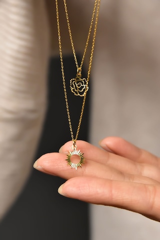 Papatya Silver 925 Ayar Gümüş Altın Kaplama Kristal Kesim Gül ve Güneş Asansörlü Kolye