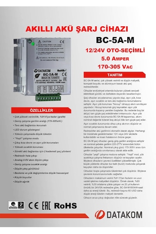 Datakom Bc-5A-M 12/24 Volt Oto Seçimli Akıllı Akü Şarj Redresörü