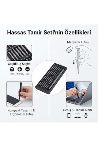 25 Parça Kızaklı Kutulu Mıknatıslı Çelik Tornavida Seti Saat Laptop Kamera Telefon Gözlük Vb. Tamiri