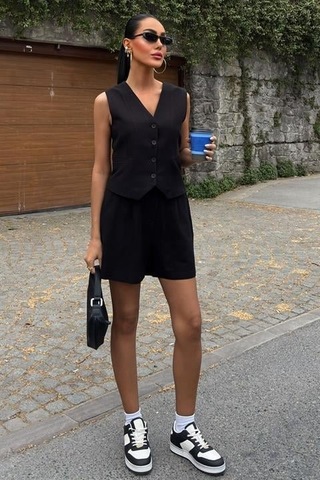 Yelek Şort Flamlı Keten Takım 10133-17 Si Yah