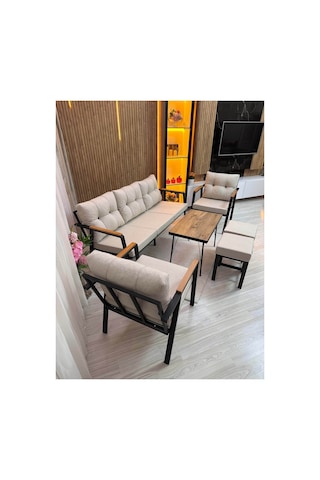 Houseart Balkon, Bahçe - Metal Kanepe Koltuk Takımı 3+1+1 + 2 Adet Puf + Sehpa Krem