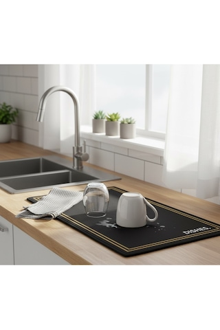 Premium Dekoratif Bulaşık Kurutma Matı 50x40 Cm Süper Emici, Kaydırmaz Kauçuk Tabanlı Ve Tezgah Koruyucu Altlık siyah