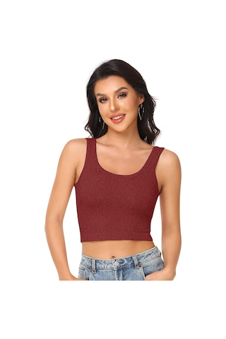 Liona Kadın U Yaka Melanj Bordo Renk Crop Top Bluz Atlet 001