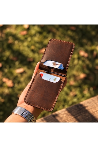 Hemlabel El Yapımı Hakiki Deri Para Klipsli Kartlık Cüzdan Minimal Erkek Cüzdanı Kişiselleştirilebilir Kahverengi - Taba