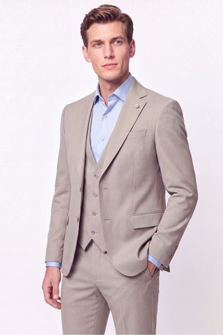 Efor Slim Fit Çift Yırtmaç %97 Yünlü Doku Desenli Esnek Bej Yelekli Takım Elbise Tk 927