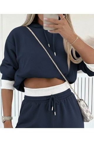 S-pazarım Kadın Uzun Kollu Kapşonlu Viskon Iki Iplik Füme Bluz Ve Pantolon Ikili Takım Gri