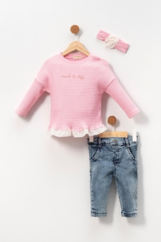 Dantel Detaylı Bandanalı Fırfırlı Yumuşak Doku Prenses 2'li Takım Pembe