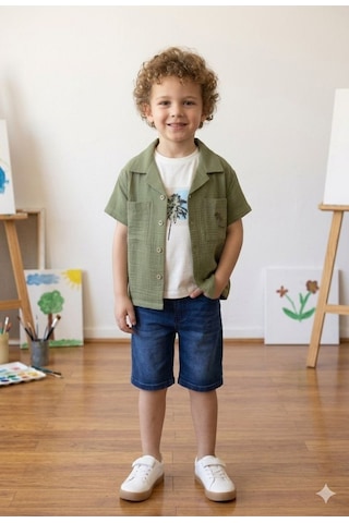 Süslü Kids Erkek Çocuk Muslin Kumaş Palmiye Detaylı Gömlek/tişört/kot Şortlu Takım Yeşil Süslü Kids Erkek Çocuk Muslin Kumaş Palmiye Detaylı Gömlek/tişört/kot Şortlu Takım Yeşil