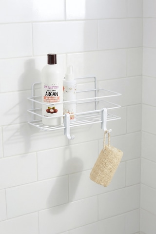 Sas Haus Tekli Beyaz Yapışkanlı Banyo Rafı + 2 Li Askı Kanca Seti Paslanmaz Metal Duş Şampuanlık Yapıştır/vidala Tş-01 Beyaz
