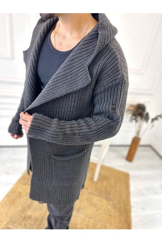 Elku Moda Hırka Kapüşonlu Cepli Naturel Pamuk Lazer Kesim Yırtık Detaylı Örgü Triko Uzun Panço Hırka Füme