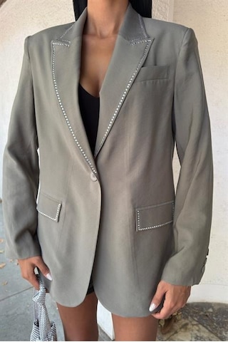 Taş Detaylı Ve Kruvaze Yakalı Viskon Kadın Blazer Ceket Haki Haki
