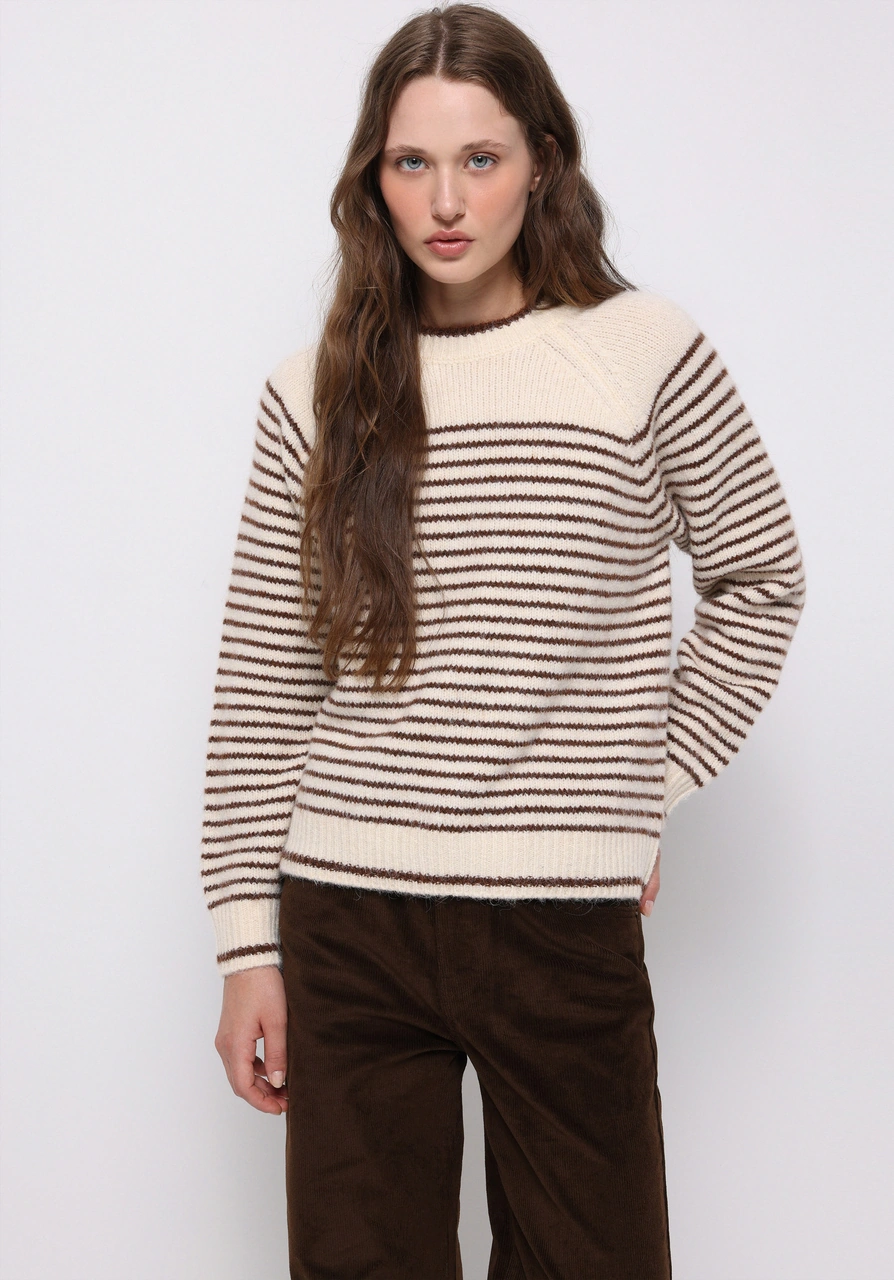 Colin's Colins Regular Fit Yuvarlak Yaka Çizgili Kadın Bej Kazak Cl1076623 Q1.v1 Bme Bej