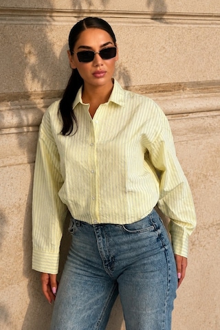 Madmext Sarı Çizgili Oversize Kadın Gömlek Mg2732