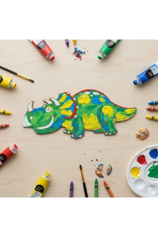 Ahşap Boyanabilir Dinozor Figürü Triceratops 21x10 Cm - 3mm Mdf Eğitici Boyama Seti 10 Adet