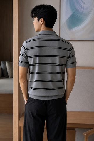 Tarz Cool Erkek Çizgili Polo Yaka Viskon Triko Tişört Slim Fit Yazlık Şık Triko Polo Gri