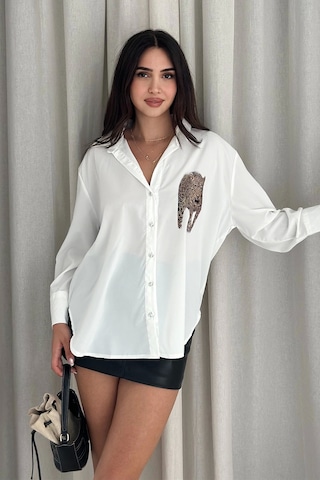 Asprin Fashion Kaplan Desen Baskılı Taşlı Gömlek Beyaz