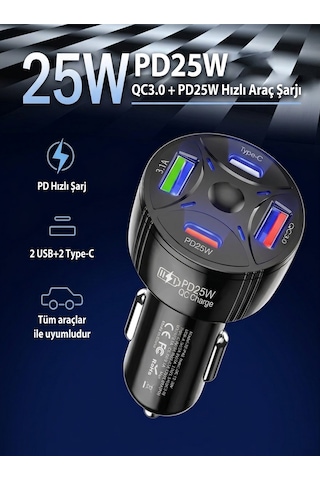 Super Şarj 4 Port Pd25w, Qc3.0, Araç Şarjı Çakmaklık, 2x Usb 2x Type-c, Çoklayıcı, 12-24v, 5v/6a Max