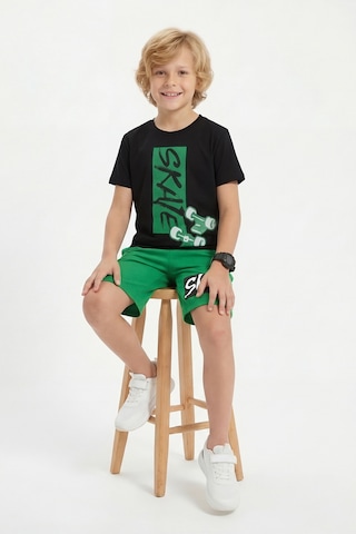 Panios Kids Yuvarlak Yaka Skate Baskı Detaylı Yazlık Erkek Çocuk Alt Üst Takım Yeşil