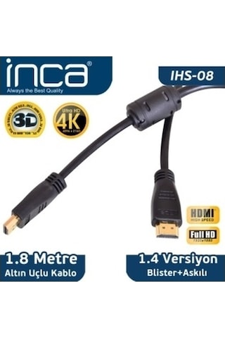 Inca Hdmı 1.8Metre Ihs-08 Hdmı Hdmı Kablo 4K Ultra 3D Altın Uçlu