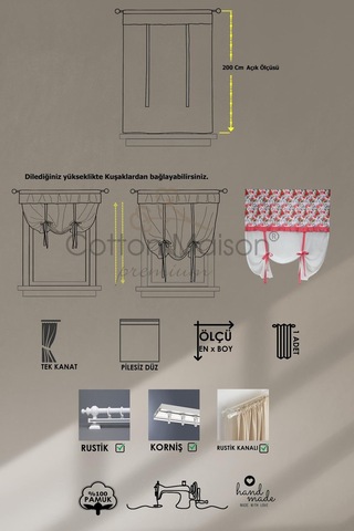 Naturel Potlu Tül Perde Spring Fırfırlı Çiçek Kırmızı