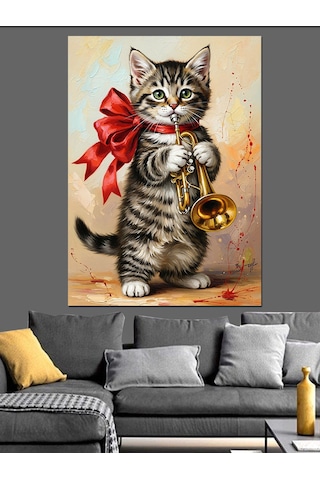 Fiyonklu Kedi Noel Figürü Dekoratif Kanvas - Mdf Ahşap Tablo