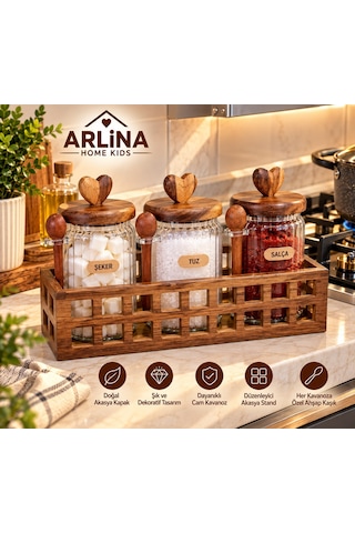3 Lü 760 Ml Cam Kavanoz & Akasya Stand Seti Cam - Şeffaf