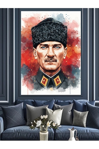Karizma Tablo Kalpaklı Atatürk Portre Dekoratif Kanvas - Mdf Ahşap Tablo