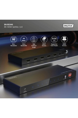 Digitus 1x4 Hdmı Splitters Ayırıcı, 8k/60hz 4:4:4 , Toslink, Stereo, Edıd Kontrolü