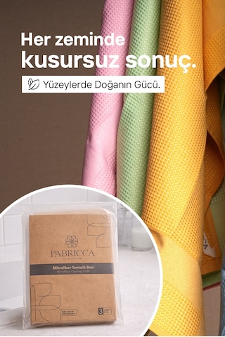 Pabricca Mikrofiber 3 Adet Temizlik Bezi 60x33 Cm Yüksek Su Emiciliği, Çizik Ve Tüy Bırakmaz, Waffle Dokulu Renkli