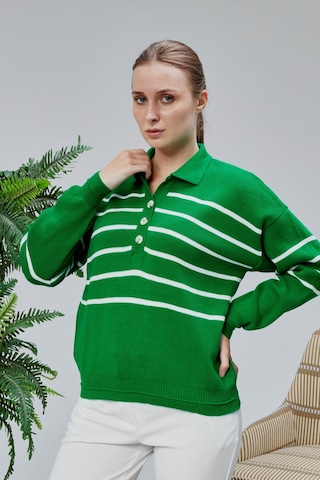 Lugmo Kadın Polo Yaka Oversize Çizgili 4 Düğmeli Triko Kazak Yeşil Yeşil