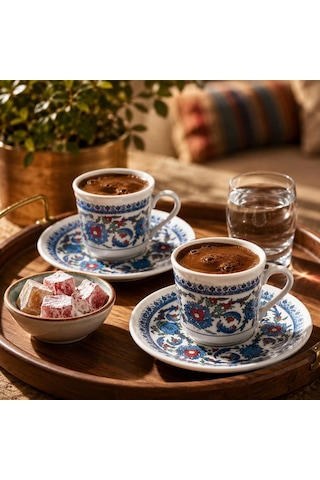 Porselen Türk Kahvesi Fincan Takımı, Geleneksel Çini Desenli El Boyaması Kahve Fincanı Seti, Tabaklı Fincan Takı Diğer
