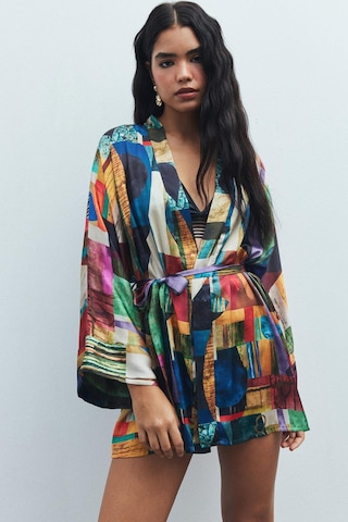 Fumée Coloré Desenli Kısa Saten Sabahlık / Kimono Çok Renkli