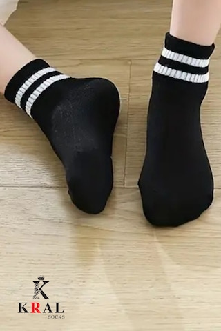 Kral Socks Erkek Kadın 12 Çift Çizgili Kolej Tenis Çorabı Pamuklu Terletmez Çorap Siyah