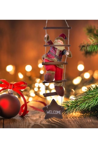 Yılbaşı Süsü Ahşap Merdivenli Noel Baba Figür Büyük Boy 40 Cm - Merdiven İle 78 Cm