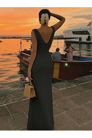 Modi Kadın Askılı V Yakalı Uzun Triko Elbise Siyah