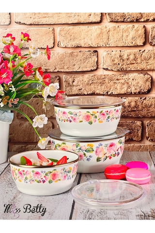 Miss Betty Rose Deluxe 3'lü Emaye Saklama Kabı 14-16-18 CM Renkli