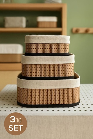 Bambu Hasır Dikdörtgen 3'lü Organizer Sepet Seti - Çok Amaçlı Düzenleyici Kahverengi