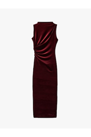 Koton Dik Yaka Slim Fit Kolsuz Drapeli Yırtmaç Detaylı Uzun Bodycon Kadife Elbise Bordo 6wak80091uk